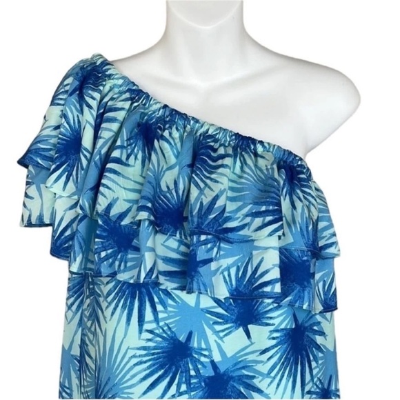 Vineyard Vines Electric Palm One Shoulder Ruffle High Low Dress Aqua NWT - Picture 5 of 13
